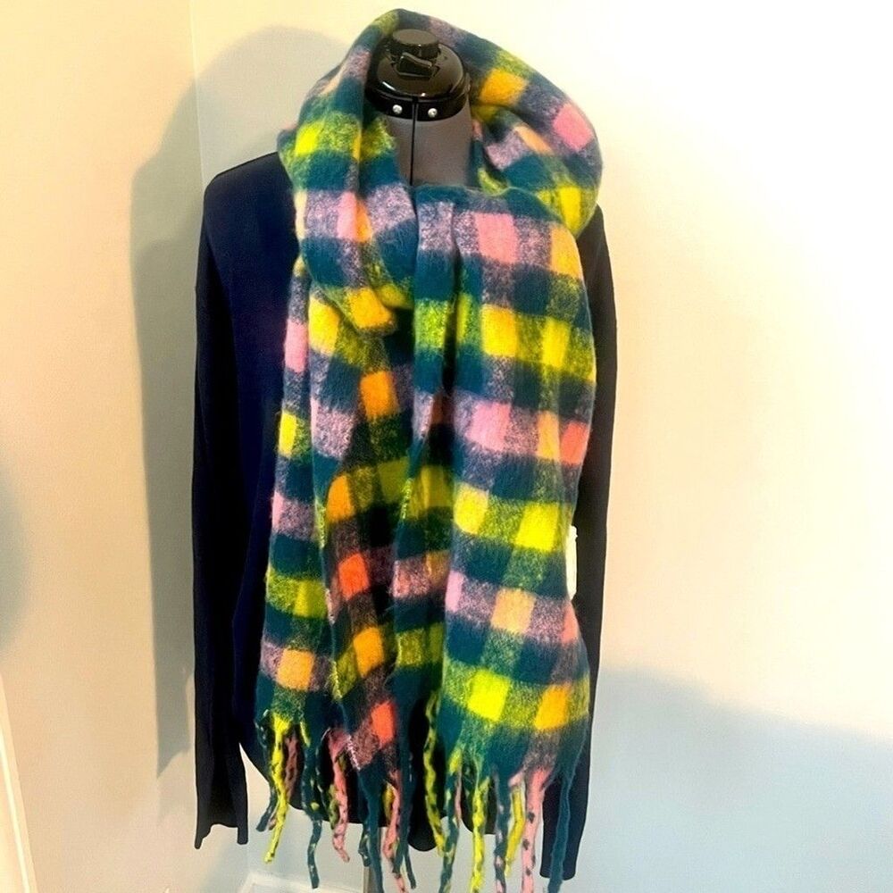 Natasha Multi Colored Plaid Blanket Scarf fringe Plaid Shawl Oversized NWT